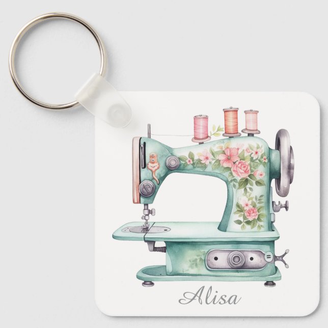 Blue Floral Sewing Machine Keychain  Nyckelring (Framsida)