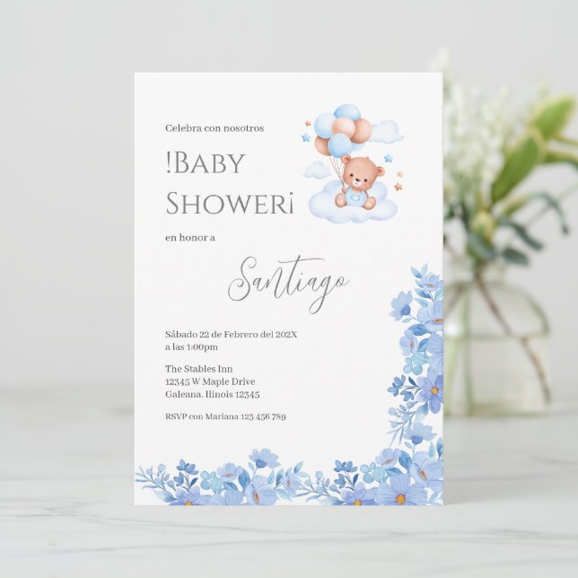 Blue floral Spanish Baby Shower Boy invitation Inbjudningar (Stående Fram)