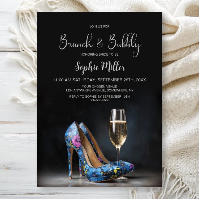 Blue Floral Stiletto Shoes Brunch and Bubbly Inbjudningar (Skapare uppladdad)