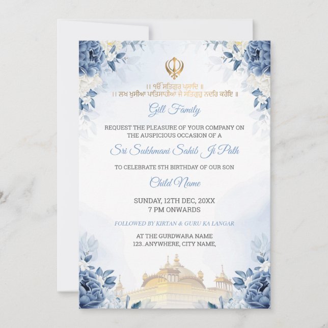 Blue Floral Sukhmani Sahib Path Birthday Invite Inbjudningar (Framsida)