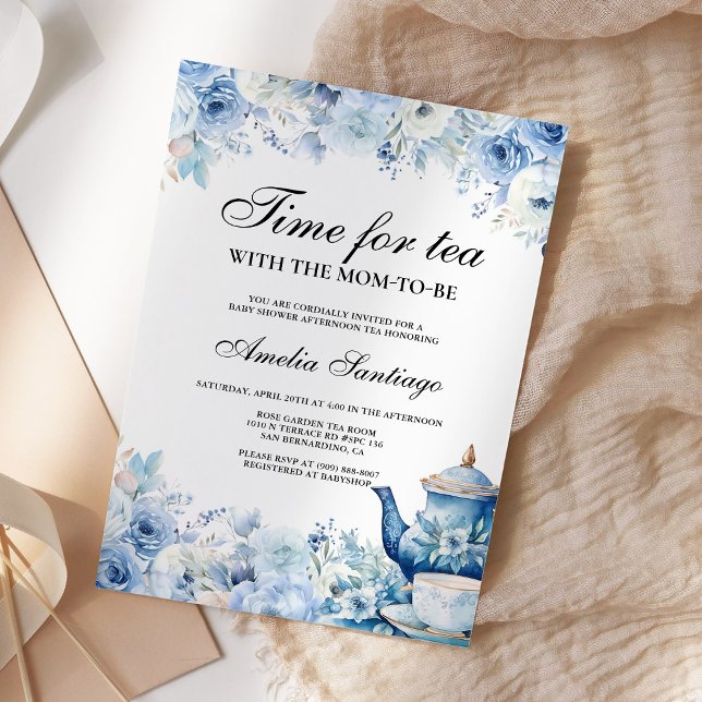 Blue Floral Tea With Mom To Be Baby Shower Invitat Inbjudningar (Skapare uppladdad)