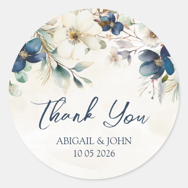 Blue Floral Thank You Winter Wedding Favor Tag Runt Klistermärke (Framsida)