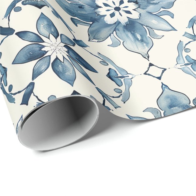 Blue Floral Tile Pattern Gift Wrap Presentpapper (Rullad Hörn)