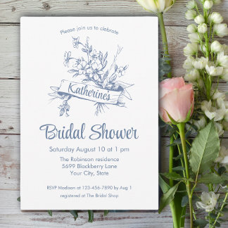 Blue Floral Toile Bridal Shower Inbjudningar