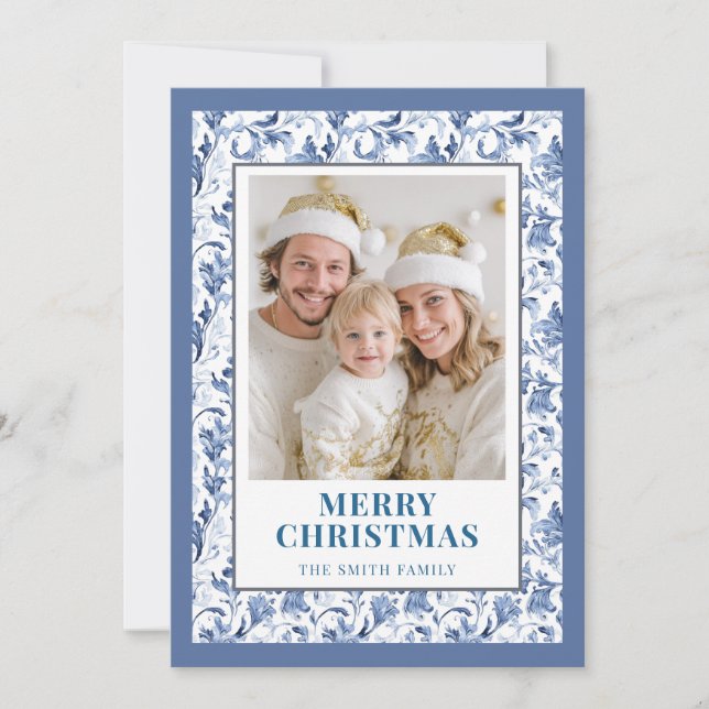 Blue Floral Toile Christmas Photo Holiday Card Julkort (Framsida)