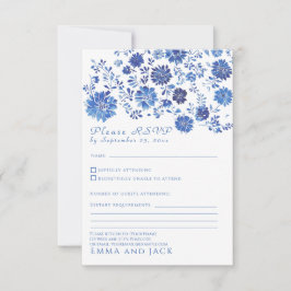 Blue Floral Toile style Wedding RSVP response Card OSA Kort