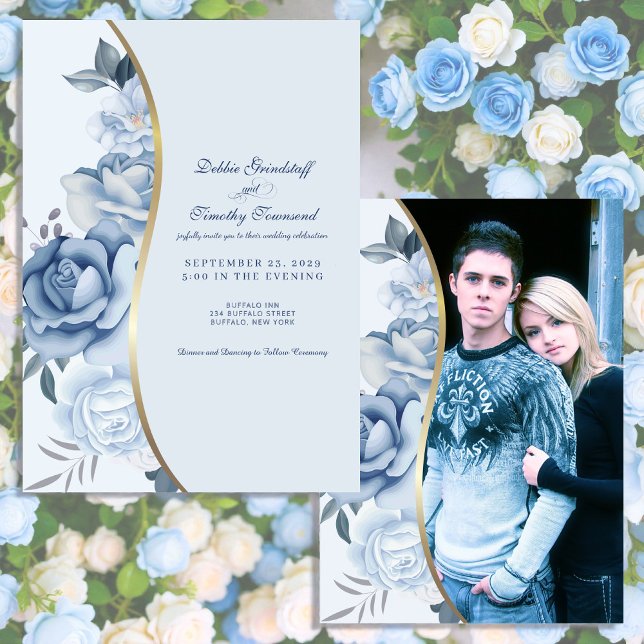 Blue Floral w/Custom Photo Wedding Invitation  Inbjudningar (Skapare uppladdad)