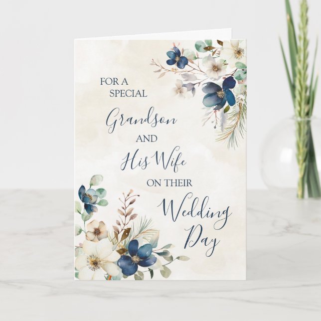 Blue Floral Wedding Day Grandson and Wife card Tack Kort (Framsida)