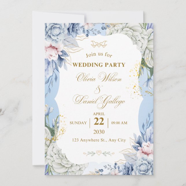 Blue Floral Wedding Invitation Elegant Romantic  Inbjudningar (Framsida)