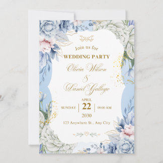 Blue Floral Wedding Invitation Elegant Romantic  Inbjudningar