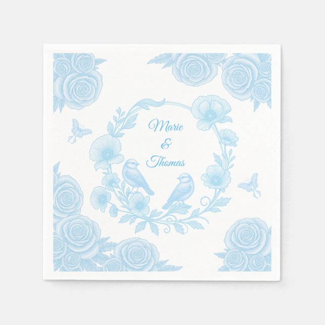 Blue Floral Wedding Napkin 💙 Personalized Names  Pappersservett (Framsidan)