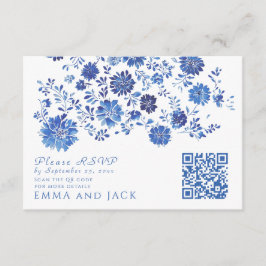 Blue Floral Wedding RSVP QR Code response Card Tilläggskort