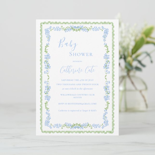 Blue Floral Whimsical Baby Shower  Inbjudningar (Stående Fram)