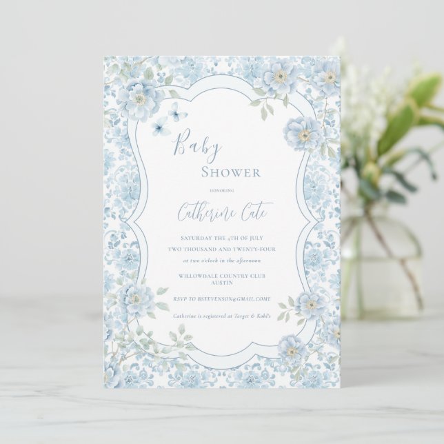 Blue Floral Whimsical Baby Shower  Inbjudningar (Stående Fram)