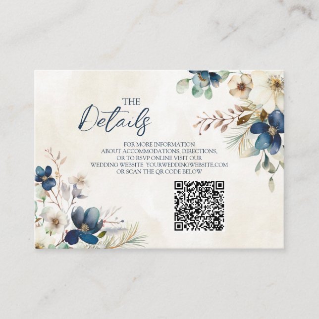 Blue Floral Winter Wedding QR code Details Insert Tilläggskort (Framsida)