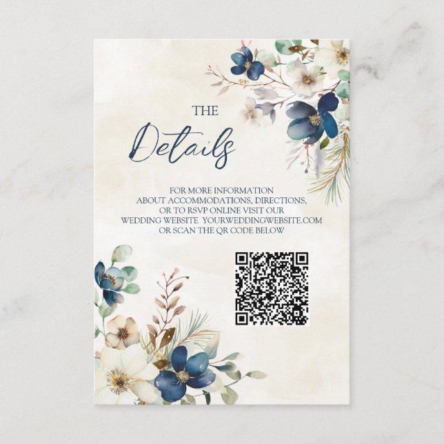 Blue Floral Winter Wedding QR code Details Insert Tilläggskort (Framsida)