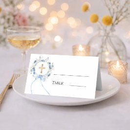 Blue floral wreath gold cross bow ribbon boy placeringskort