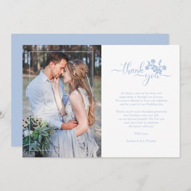 Blue Floral Wreath Photo Card Wedding Couple Tack Kort (Fram/baksida)
