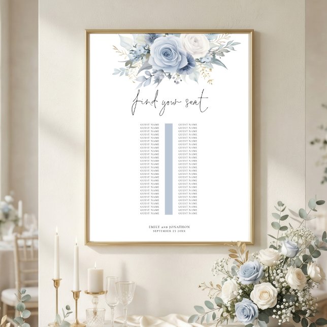 Blue Florals Single Table Wedding Seating Chart Poster (Skapare uppladdad)
