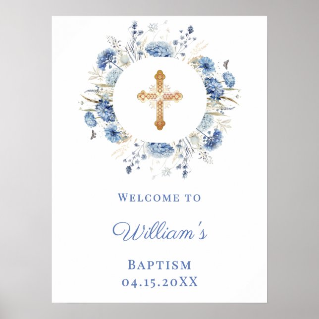 Blue florals wreath boy Baptism welcome Poster (Framsidan)