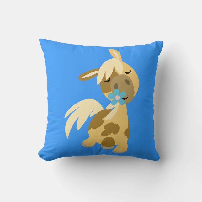 Blue Flower and Cute Tecknad Pony Pillow Kudde (Framsida)
