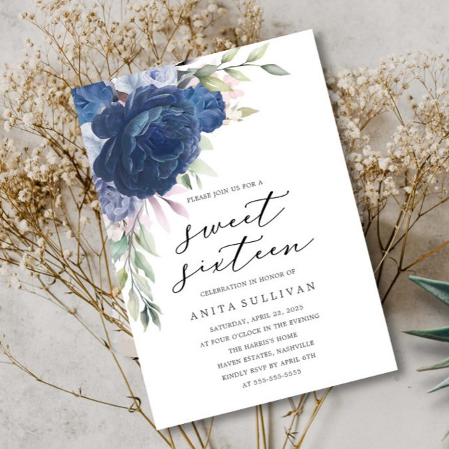 Blue Flower Bouquet Sweet sixteen 16 Birthday Inbjudningar (Skapare uppladdad)