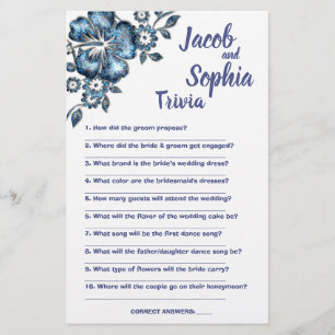 BLUE FLOWER BRIDE & GROOM TRIVIA SHOWER GAME CARD FLYGBLAD