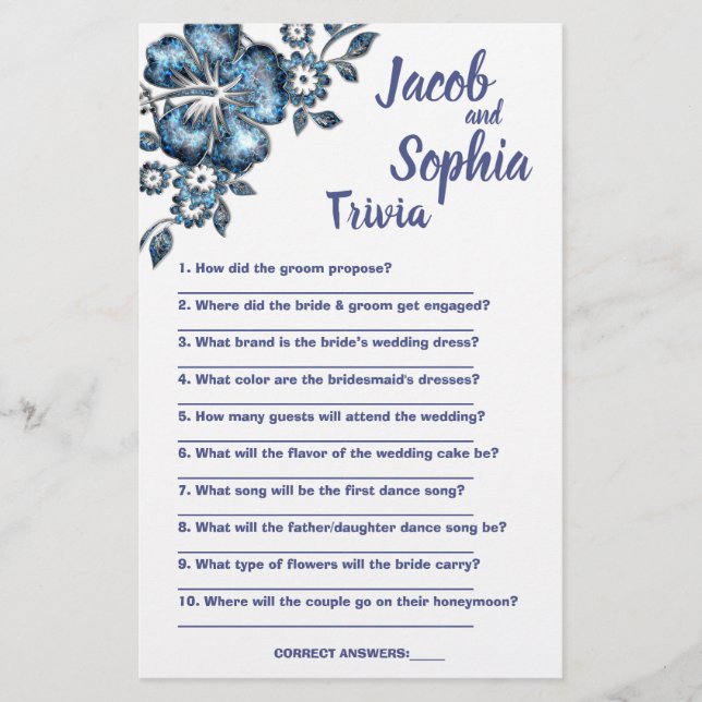 BLUE FLOWER BRIDE & GROOM TRIVIA SHOWER GAME CARD FLYGBLAD (Framsidan)