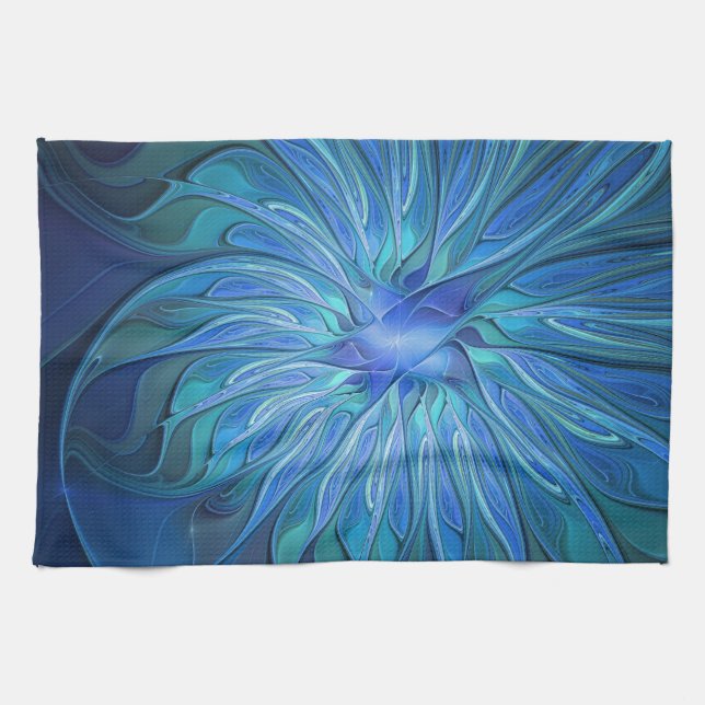 Blue Flower Fantasy Pattern, Abstract Fractal Art Kökshandduk (Horisontell)