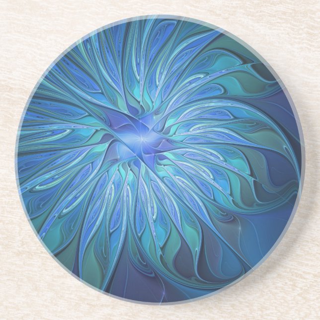 Blue Flower Fantasy Pattern, Abstract Fractal Art Underlägg (Framsidan)