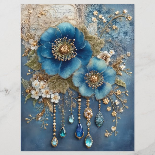 Blue Flower Gems Junk Journal Scrapbook Paper (Framsida)