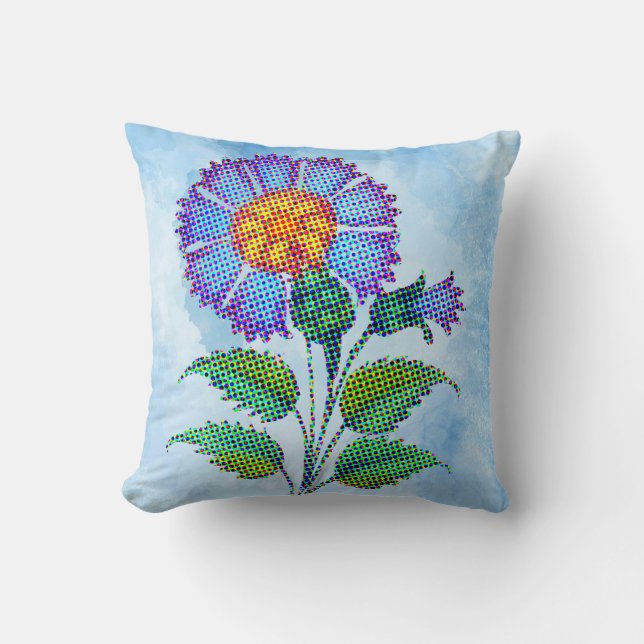 Blue Flower Halftone on Blue Fine Art Kudde (Framsida)