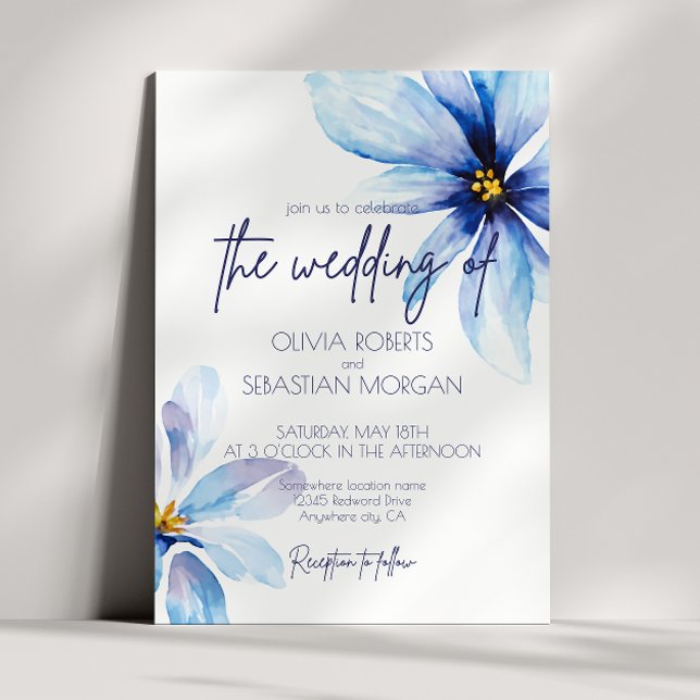 Blue Flower Minimalist elegant bröllop Inbjudningar (Skapare uppladdad)