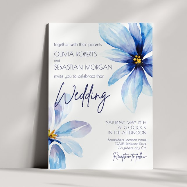 Blue Flower Minimalist elegant bröllop Inbjudningar (Skapare uppladdad)