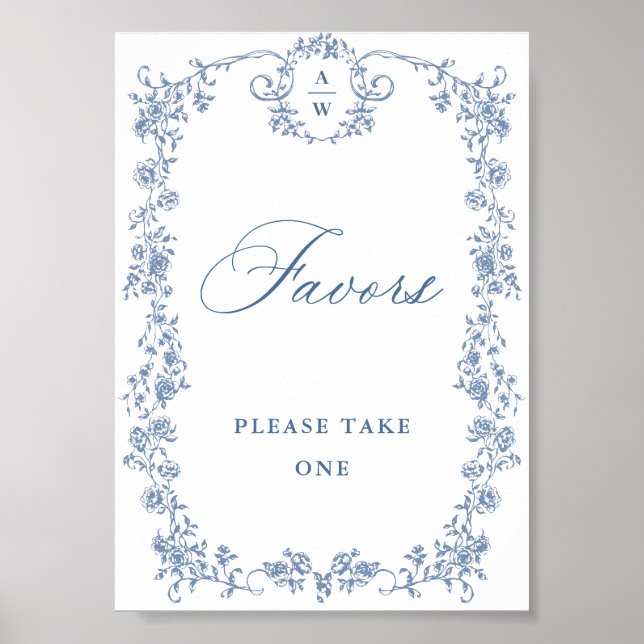 Blue Flower Ornate Victorian Grace Favors Bröllop Poster (Framsidan)