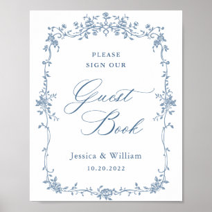 Blue Flower Ornate Victorian Grace Guestbook-tecke Poster