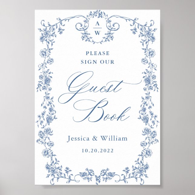 Blue Flower Ornate Victorian Grace Guestbook-tecke Poster (Framsidan)