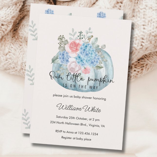 Blue Flower Pumpkin Halloween Fall Baby Shower Inbjudningar (Blue Flower Pumpkin Halloween Fall Baby Shower Invitation)