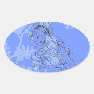 Blue Flowered Barrel Racer Ovalt Klistermärke