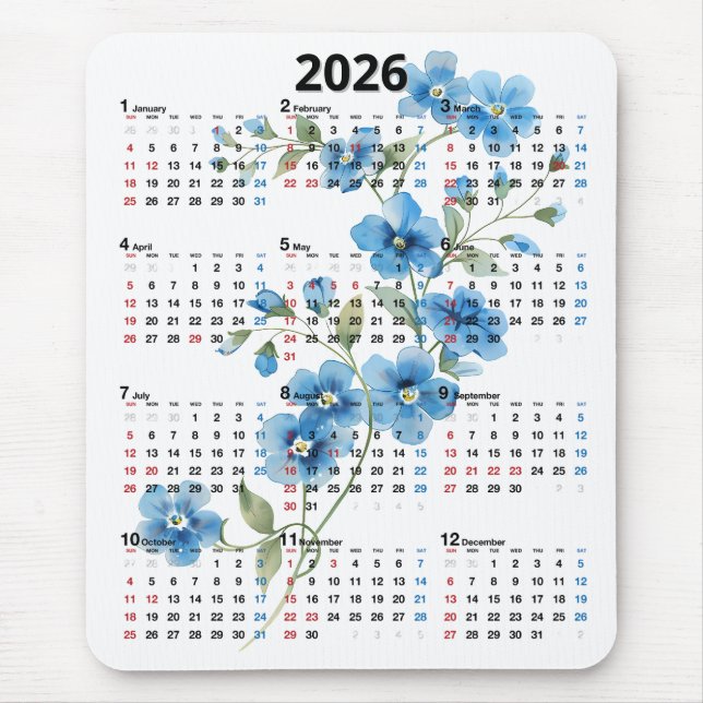 Blue Flowers 2026 Calendar On White Musmatta (Framsidan)