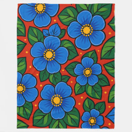 Blue Flowers and Green Leaves on a Red Background Fleecefilt