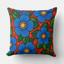 Blue Flowers and Green Leaves on a Red Background Kudde