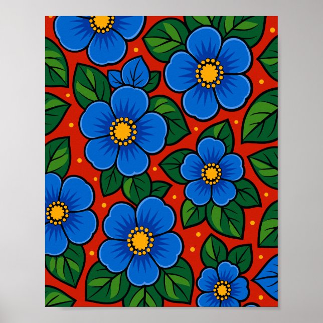 Blue Flowers and Green Leaves on a Red Background Poster (Framsidan)