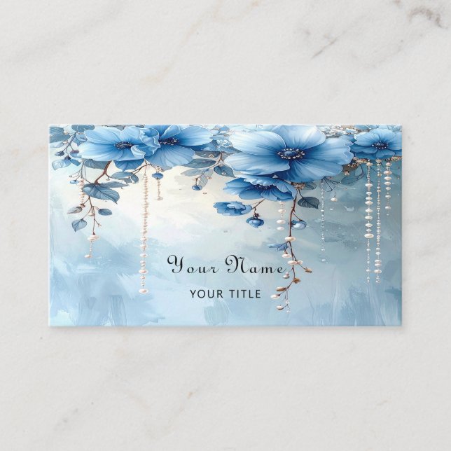 Blue Flowers and Pearls Business Card Visitkort (Framsida)