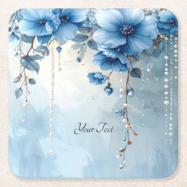 Blue Flowers and Pearls Paper Coaster Underlägg Papper Kvadrat