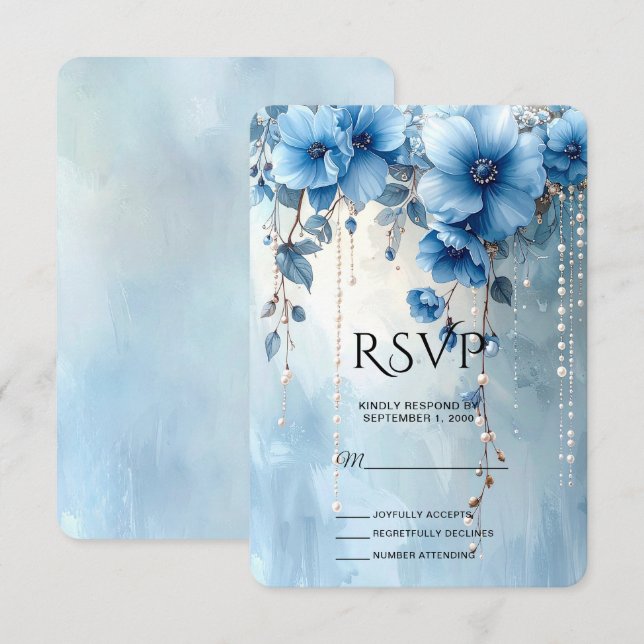 Blue Flowers and Pearls RSVP Card OSA Kort (Fram/baksida)