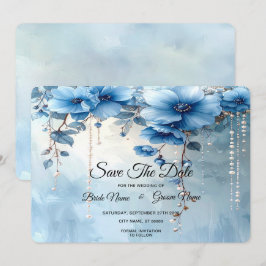 Blue Flowers and Pearls Save The Date Spara Datumet