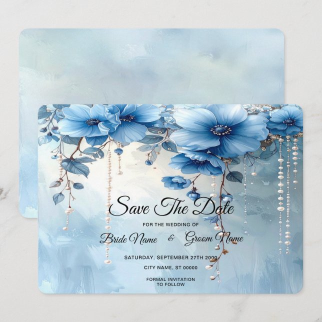 Blue Flowers and Pearls Save The Date Spara Datumet (Fram/baksida)