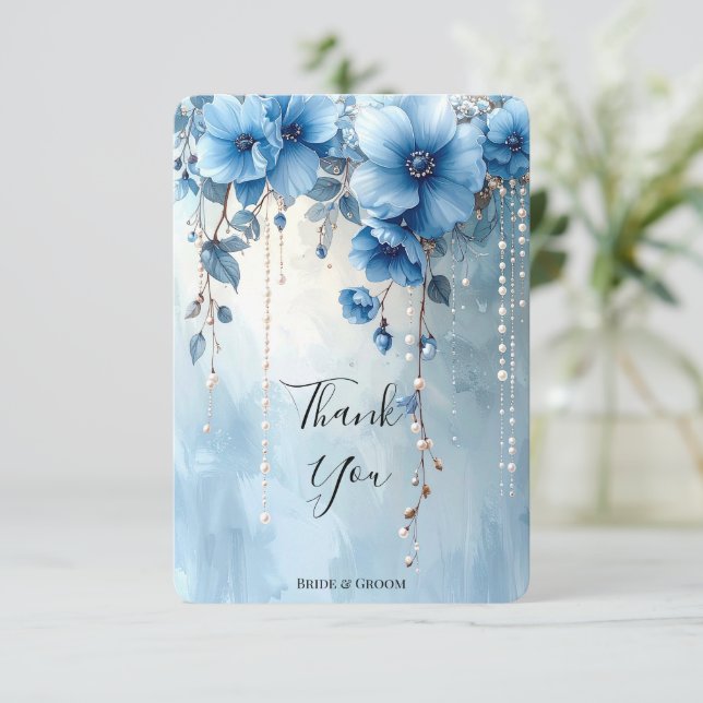 Blue Flowers and Pearls Thank You Card Tack Kort (Stående Fram)