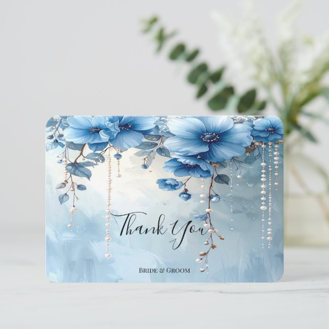 Blue Flowers and Pearls Thank You Card Tack Kort (Stående Fram)
